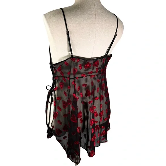 Secret Treasures sheer black with red hearts flowy lingerie top lace up side 1X - Picture 3 of 11